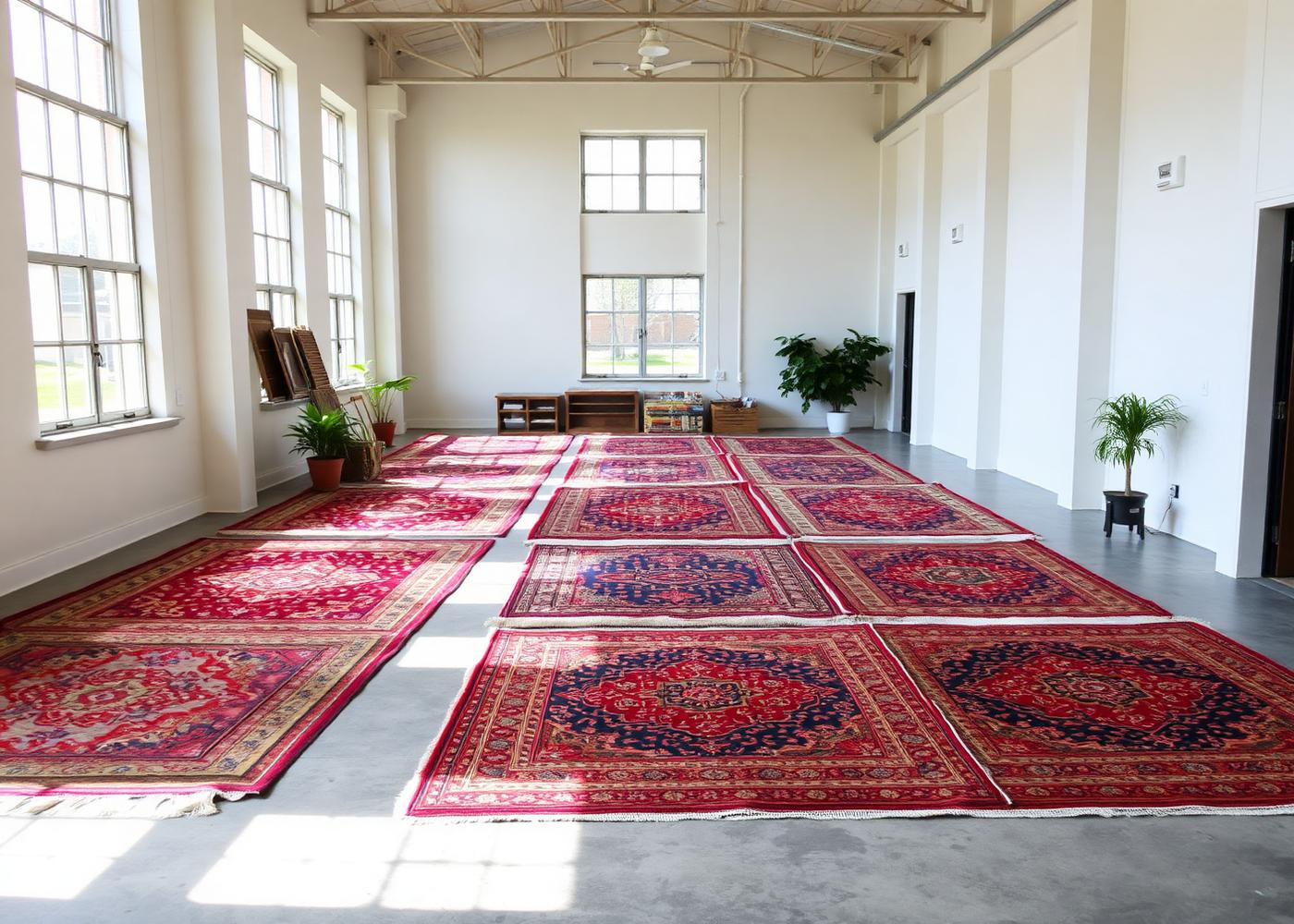 Oriental rugs laid out flat to dry in a bright workshop with tall windows