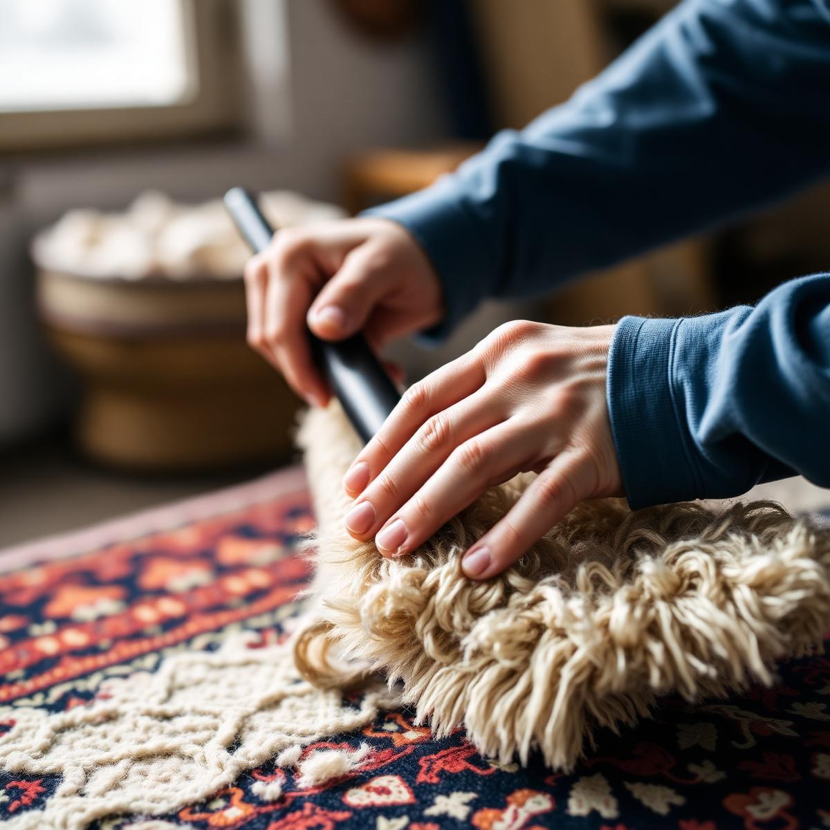 Hands grooming the wool pile of an oriental rug with a soft brush in daylight